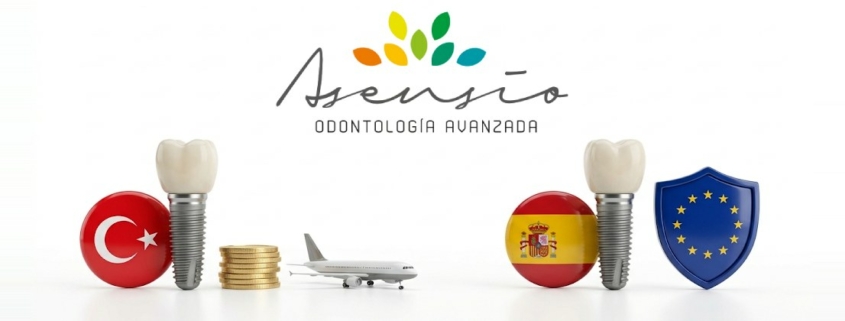 Turkey and Spain flags beside dental implants, a plane and the EU shield, comparing dental implants in Turkey vs Spain
